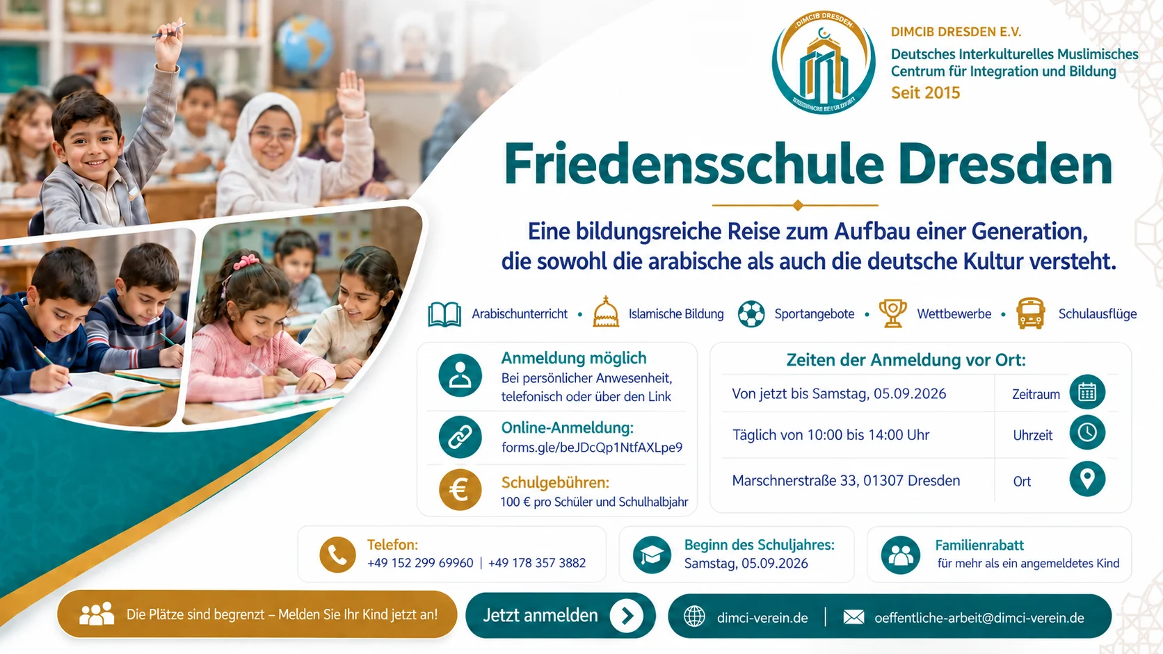 Flyer der Friedensschule Dresden im Haus des Friedens: Arabischunterricht, Islamische Bildung, Sportangebote, Wettbewerbe und Schulausflüge, Marschnerstraße 33, 01307 Dresden